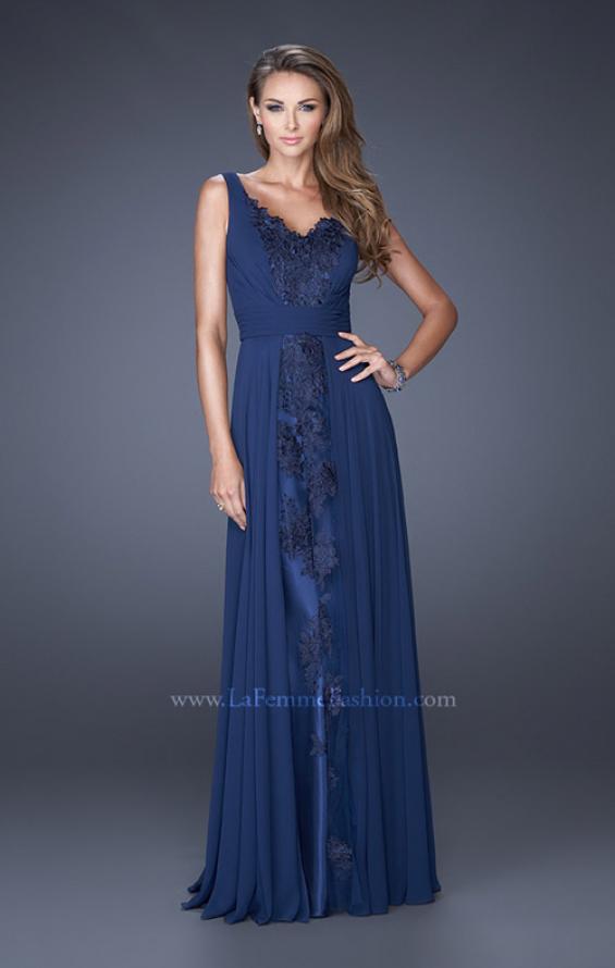Picture of: Long Chiffon Prom Gown with Lace Panel Detail in Blue, Style: 19181, Detail Picture 1