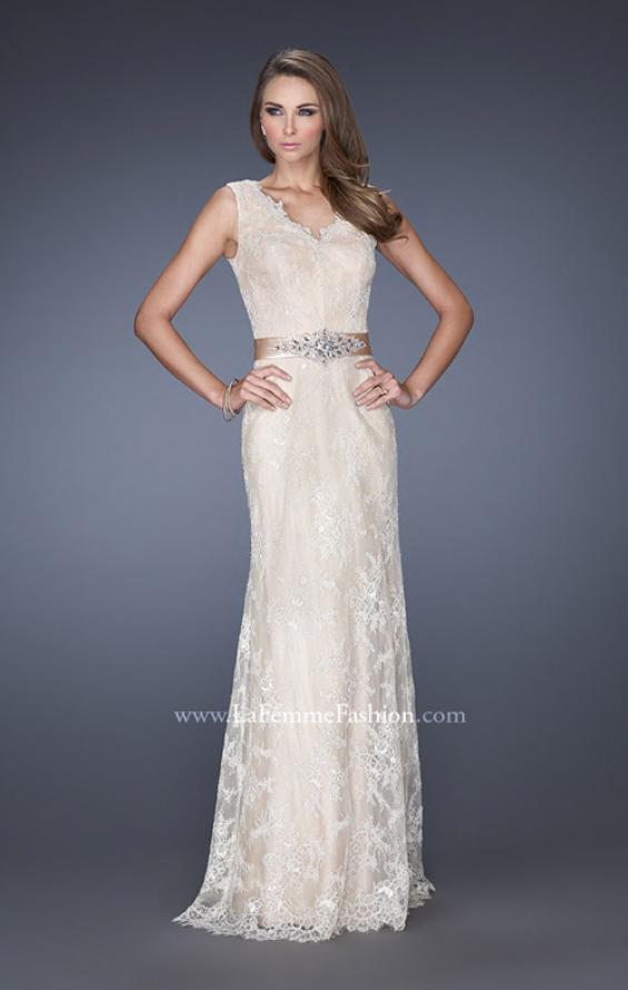 Picture of: Long Lace Prom Dress with Jeweled Ribbon Belt in White, Style: 19191, Main Picture