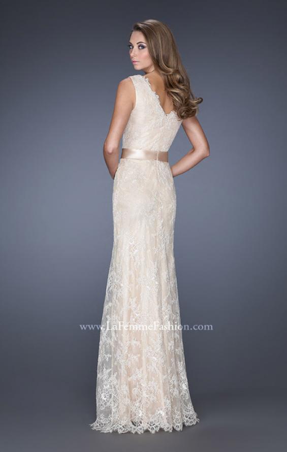 Picture of: Long Lace Prom Dress with Jeweled Ribbon Belt in White, Style: 19191, Back Picture