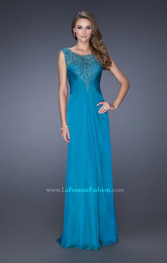 Picture of: Long Chiffon Prom Gown with Lace Embellished Neckline in Blue, Style: 19203, Main Picture