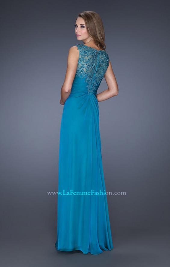 Picture of: Long Chiffon Prom Gown with Lace Embellished Neckline in Blue, Style: 19203, Back Picture