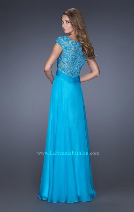 Picture of: Long Prom Dress with Fitted Bodice and Illusion Sleeves in Blue, Style: 19232, Back Picture