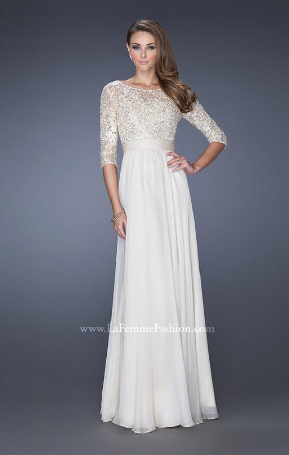 Picture of: Quarter Sleeve Illusion Prom Gown with Beaded Top in White, Style: 19318, Main Picture