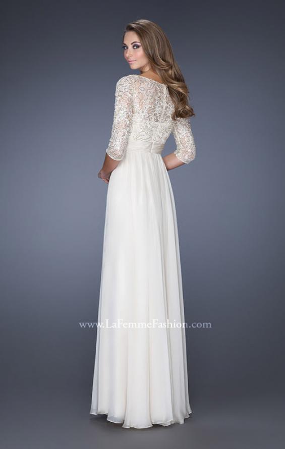 Picture of: Quarter Sleeve Illusion Prom Gown with Beaded Top in White, Style: 19318, Back Picture