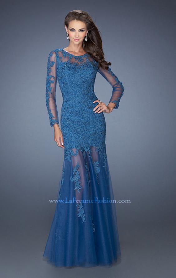 Picture of: Long Sleeve Mermaid Prom Dress with Lace Applique in Blue, Style: 19343, Main Picture