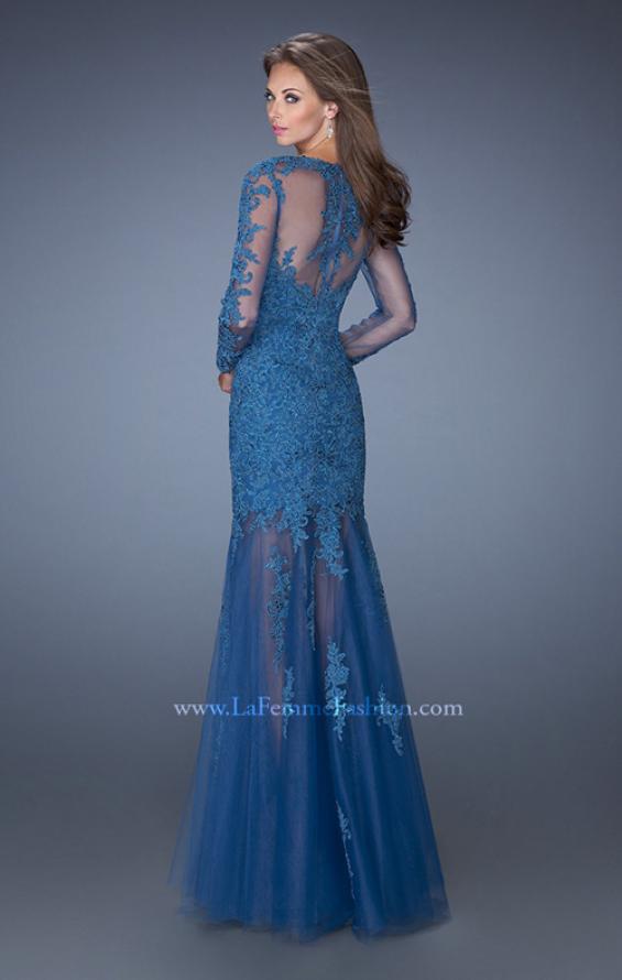 Picture of: Long Sleeve Mermaid Prom Dress with Lace Applique in Blue, Style: 19343, Back Picture