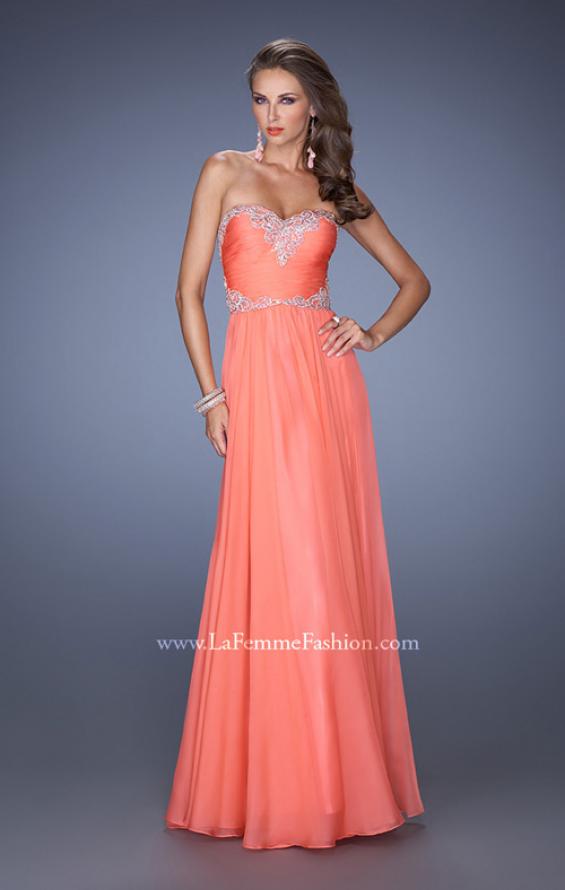 Picture of: Long Chiffon Prom Dress with Embroidered Bodice in Orange, Style: 19372, Detail Picture 1