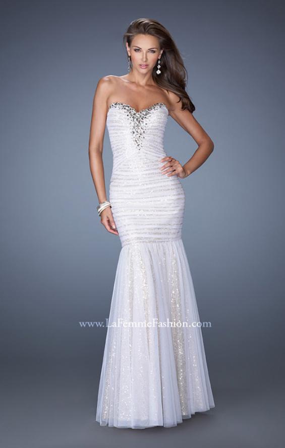 Picture of: Strapless Ruched Mermaid Prom Gown with Sequin Underlay in White, Style: 19394, Main Picture