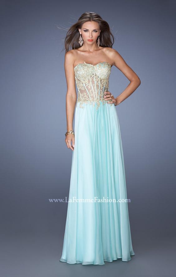 Picture of: Strapless Long Prom Dress with Sheer Lace Corset Bodice in Blue, Style: 19593, Detail Picture 2