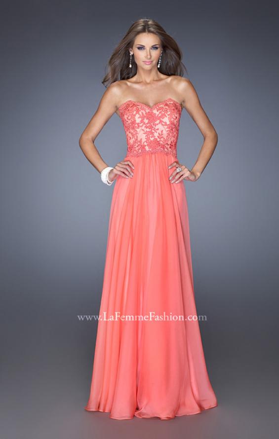 Picture of: Strapless Long Fitted Chiffon Gown with Lace Overlay Bodice in Orange, Style: 19605, Detail Picture 3