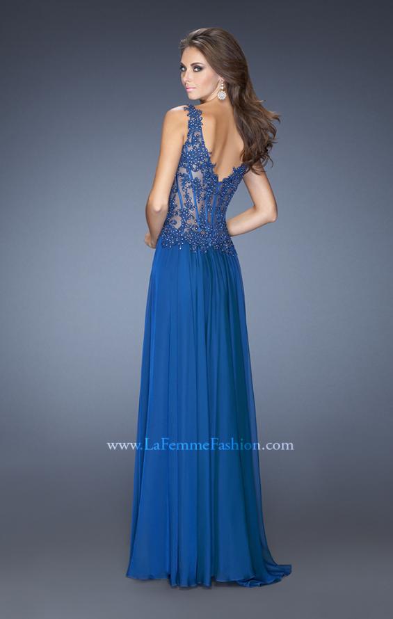 Picture of: Long Prom Gown with Sheer Beaded Lace Bodice in Blue, Style: 19615, Back Picture