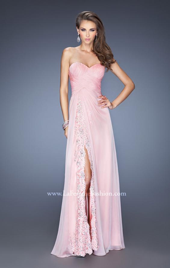 Picture of: Strapless Long Chiffon Prom Dress with Lace Trim Details in Pink, Style: 19630, Detail Picture 1