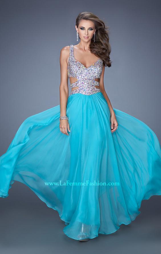Picture of: Long Chiffon Prom Gown with Beaded Bodice and Cut Outs in Blue, Style: 19658, Main Picture