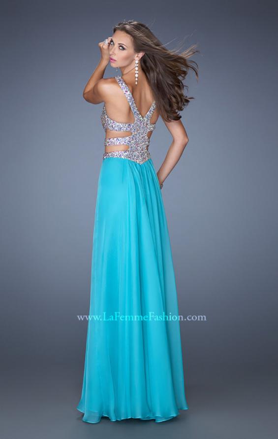 Picture of: Long Chiffon Prom Gown with Beaded Bodice and Cut Outs in Blue, Style: 19658, Back Picture
