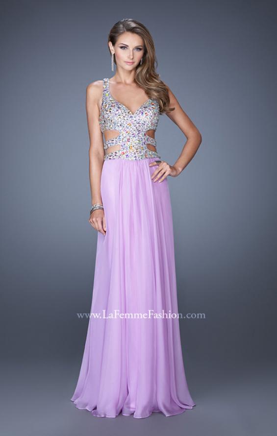 Picture of: Long Chiffon Prom Gown with Beaded Bodice and Cut Outs in Purple, Style: 19658, Detail Picture 2