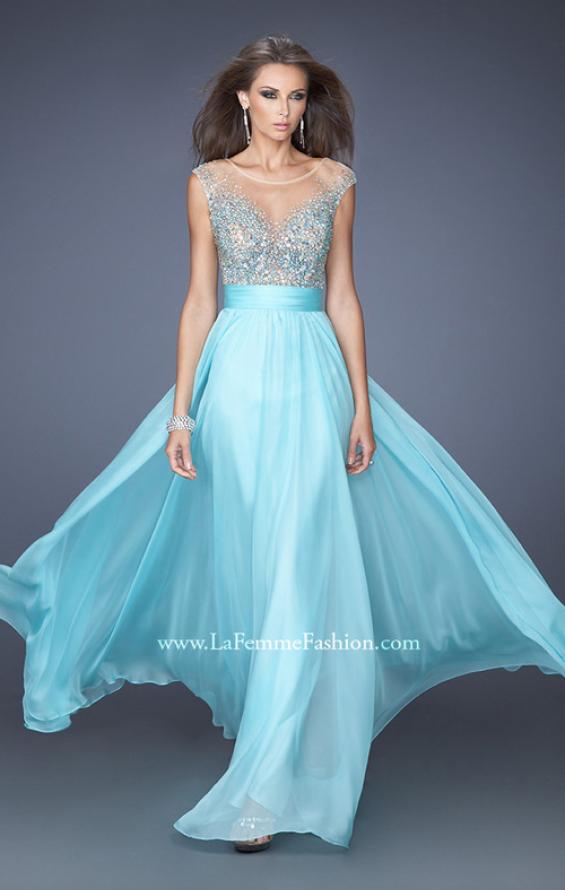 Picture of: Long Chiffon Prom Dress with Bedazzled Sheer Bodice in Blue, Style: 19694, Main Picture