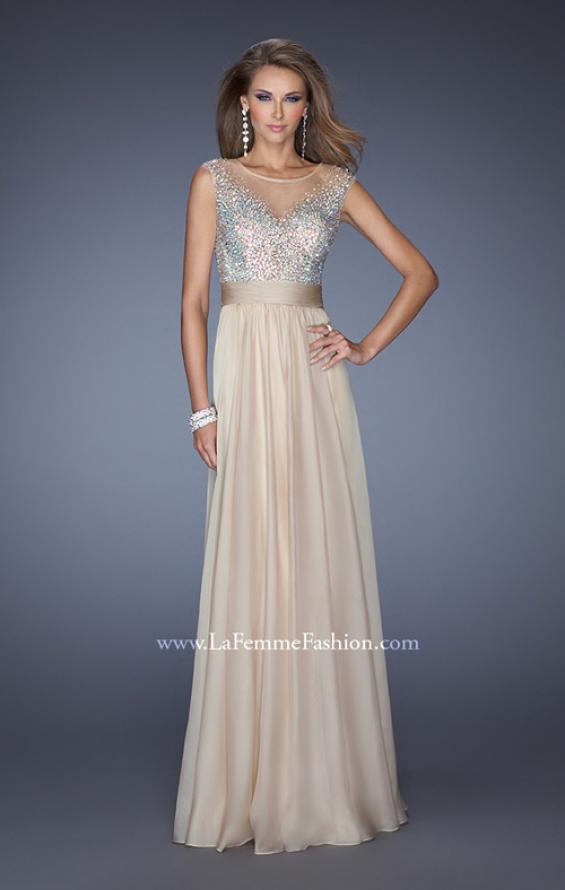 Picture of: Long Chiffon Prom Dress with Bedazzled Sheer Bodice in Nude, Style: 19694, Detail Picture 1