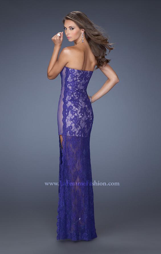 Picture of: Strapless Prom Dress Lace Overlay and an Open Side Slit in Purple, Style: 19717, Back Picture