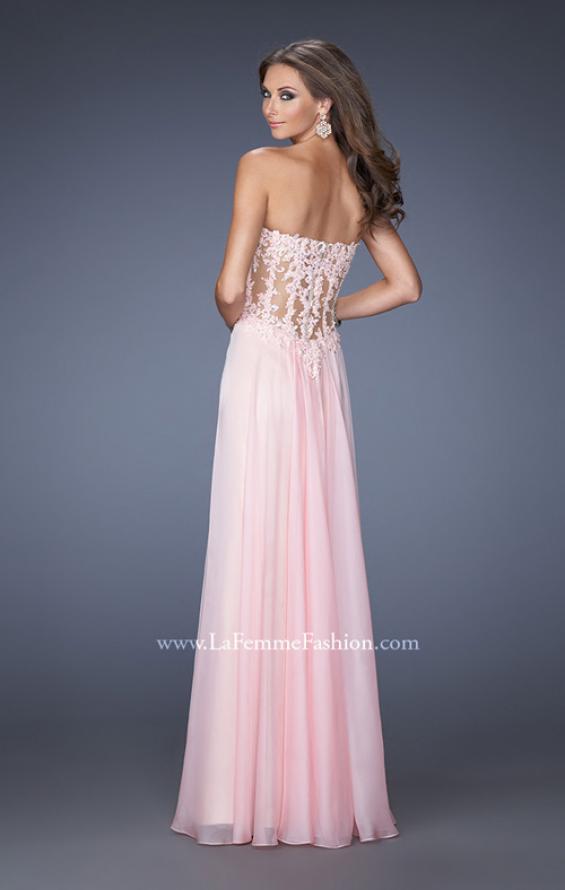 Picture of: Strapless Chiffon Prom Gown with Sheer Corset Lace Bodice in Pink, Style: 19730, Back Picture