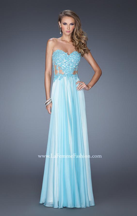Picture of: Strapless Chiffon Prom Gown with Sheer Corset Lace Bodice in Blue, Style: 19730, Detail Picture 1