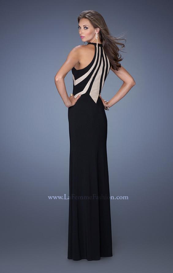 Picture of: Long Fitted Jersey Prom Gown with Bold Nude Cut Out Detail in Black, Style: 19769, Back Picture