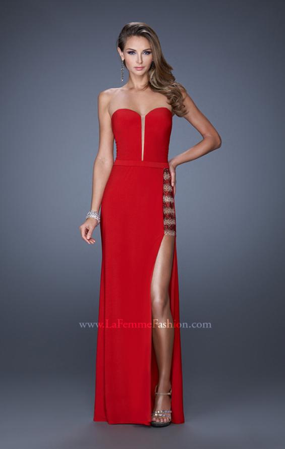 Picture of: Long Fitted Strapless Prom Dress with Sheer Side Panel in Red, Style: 19786, Detail Picture 1