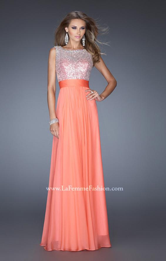 Picture of: High Scoop Neck Chiffon Dress with Sequin Fabric in Orange, Style: 19815, Detail Picture 1
