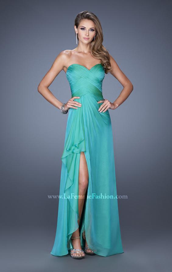 Picture of: Long Strapless Prom Dress with Ruched Bodice and Pearls in Green, Style: 19823, Detail Picture 1