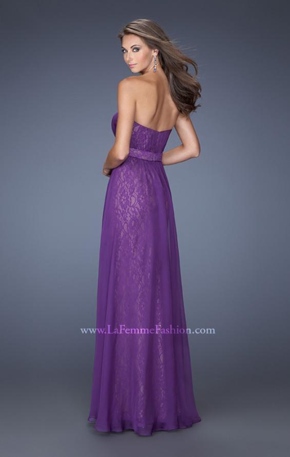 Picture of: Long Lace Prom Gown with Ruched Bodice and Belted Waist in Purple, Style: 19833, Back Picture