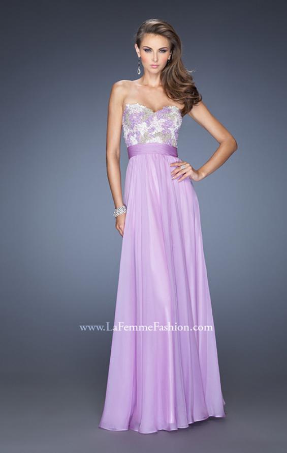 Picture of: Strapless Chiffon Gown with Multi Colored Lace Bodice in Purple, Style: 20001, Detail Picture 1