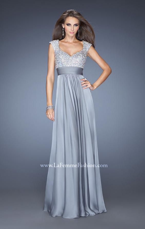 Picture of: Long Prom Gown with Pearl and Stone Encrusted Bodice in Silver, Style: 20003, Detail Picture 2