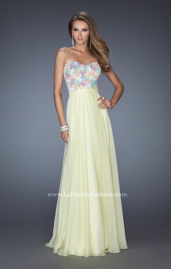 Picture of: Strapless Prom Gown with Lace Bodice and Chiffon Skirt in Yellow, Style: 20036, Detail Picture 2