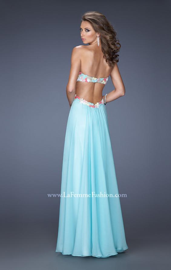 Picture of: Chiffon Prom Gown with Lace, Jewels, and Cut Outs in Blue, Style: 20059, Back Picture