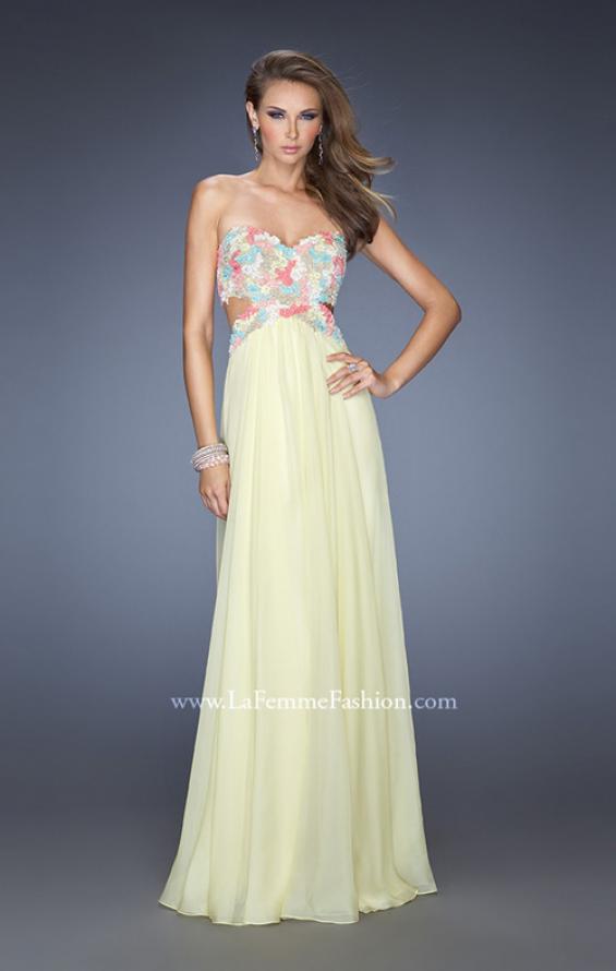 Picture of: Chiffon Prom Gown with Lace, Jewels, and Cut Outs in Yellow, Style: 20059, Detail Picture 1