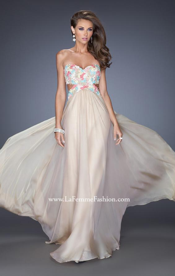 Picture of: Chiffon Prom Gown with Lace, Jewels, and Cut Outs in Nude, Style: 20059, Detail Picture 2