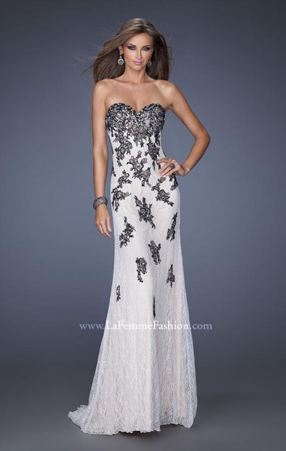 Picture of: Lace Column Prom Gown with Black Lace Appliques in White, Style: 20076, Main Picture