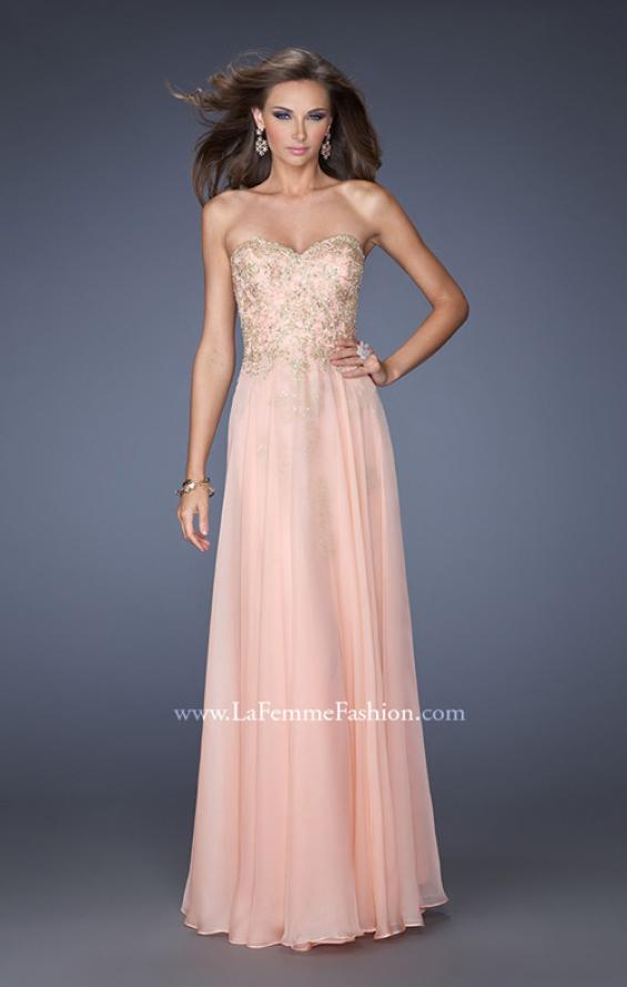 Picture of: Long Strapless Chiffon Prom Dress with Gold Jeweled Lace in Pink, Style: 20114, Detail Picture 3