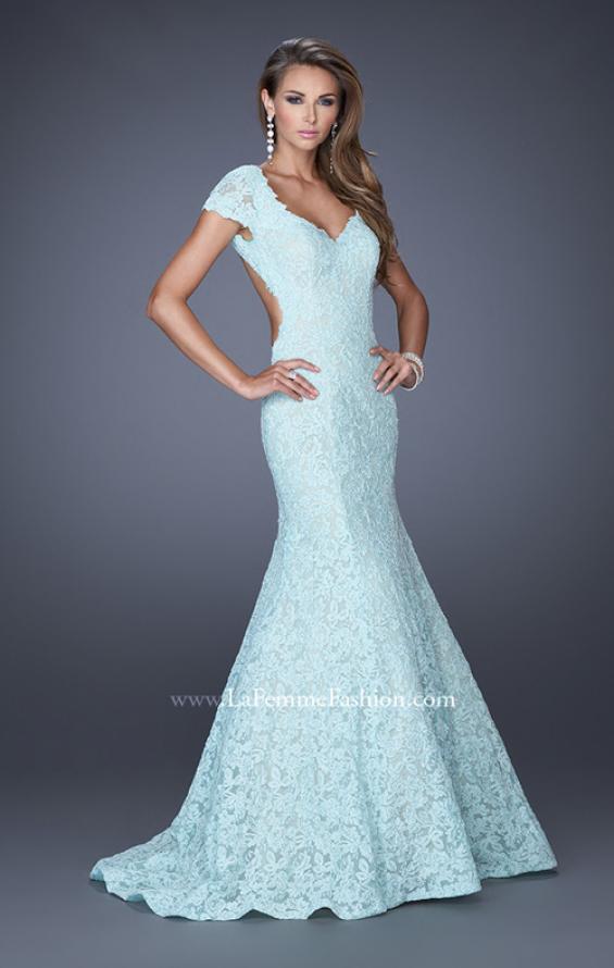 Picture of: Cap Sleeve Lace Mermaid Dress with Open Back in Blue, Style: 20117, Detail Picture 1