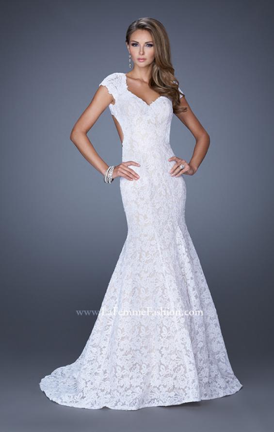 Picture of: Cap Sleeve Lace Mermaid Dress with Open Back in White, Style: 20117, Detail Picture 2