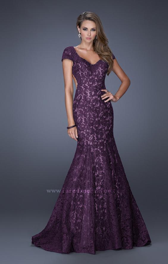 Picture of: Cap Sleeve Lace Mermaid Dress with Open Back in Purple, Style: 20117, Detail Picture 4