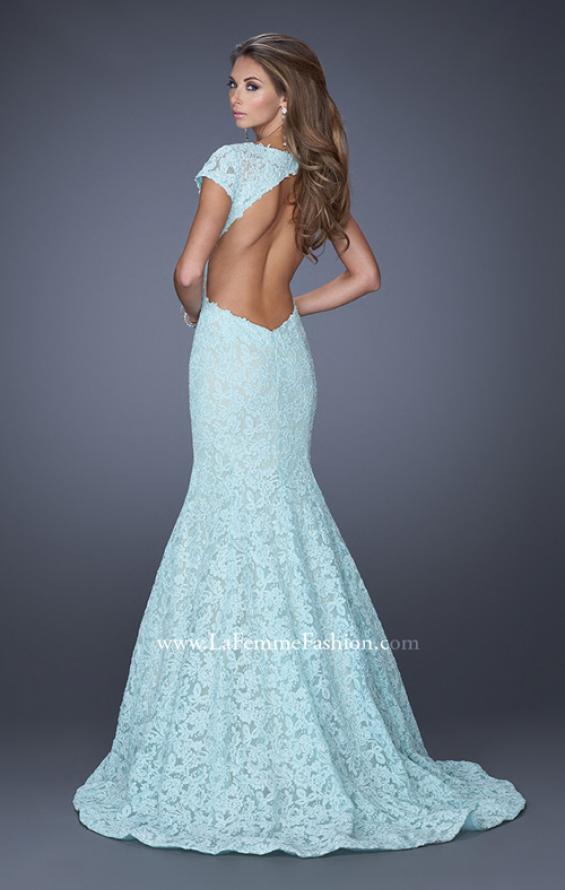 Picture of: Cap Sleeve Lace Mermaid Dress with Open Back in Blue, Style: 20117, Detail Picture 6