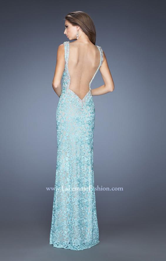 Picture of: Long Lace Column Gown with Vintage Inspired Beading in Blue, Style: 20121, Back Picture