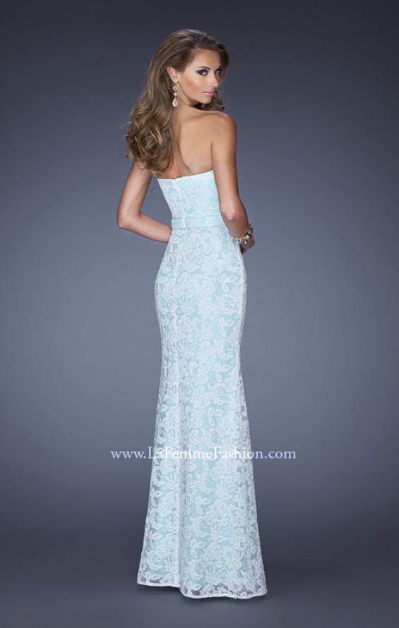 Picture of: Strapless White Lace Dress with Plunging Neckline in Blue, Style: 20138, Back Picture