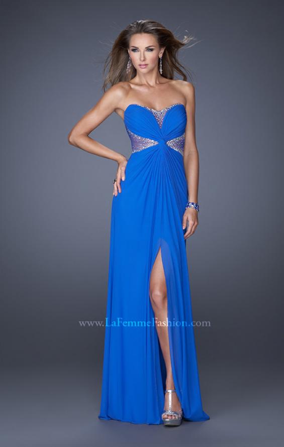 Picture of: Long Net Jersey Gown with Center Slit and Cut Outs in Blue, Style: 20166, Detail Picture 1