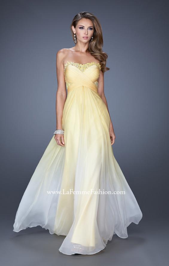 Picture of: Ombre Chiffon Prom Dress with Criss Cross Ruched Bodice in Yellow, Style: 20167, Detail Picture 2