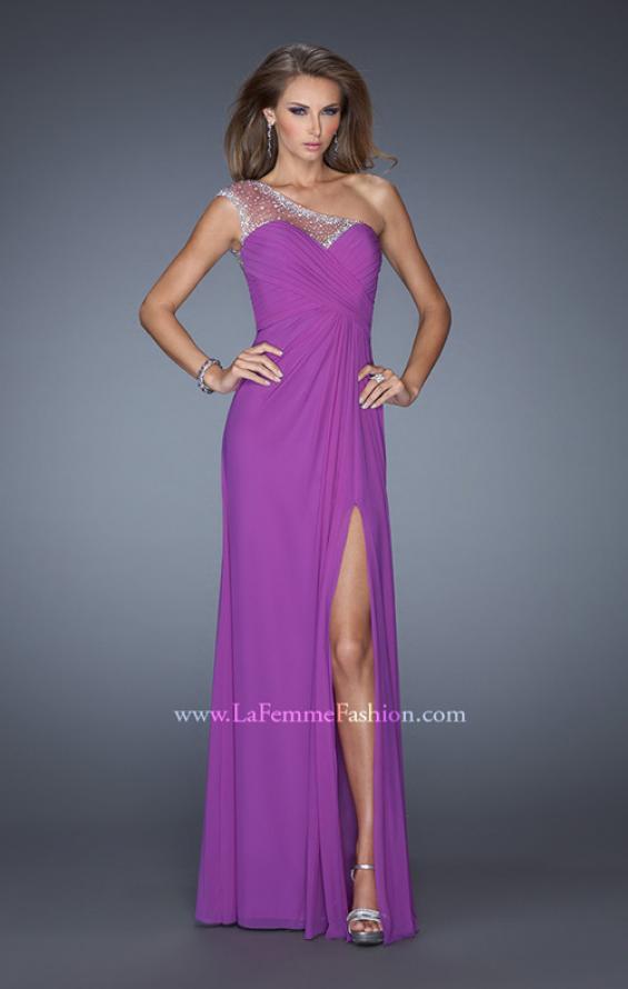 Picture of: Net Jersey Prom Dress with Criss Cross Ruched Bodice in Purple, Style: 20384, Detail Picture 1