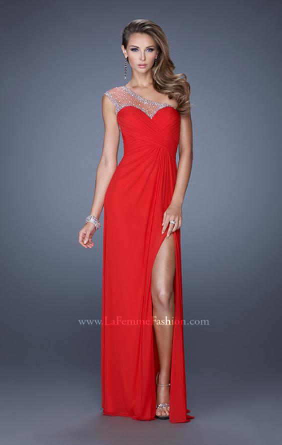 Picture of: Net Jersey Prom Dress with Criss Cross Ruched Bodice in Red, Style: 20384, Detail Picture 3