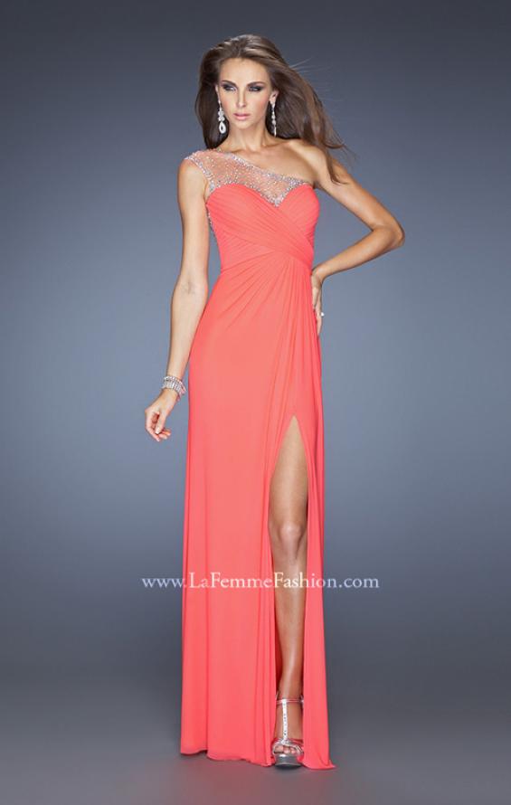 Picture of: Net Jersey Prom Dress with Criss Cross Ruched Bodice in Orange, Style: 20384, Detail Picture 7