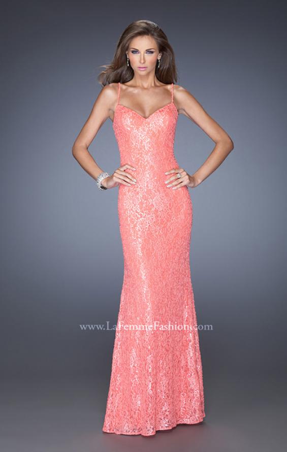 Picture of: Long Sequin and Lace Prom Dress with V Shaped Back in Orange, Style: 20431, Main Picture