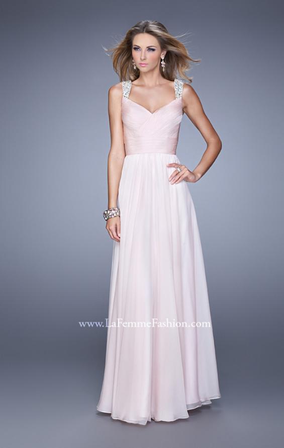 Picture of: Long Chiffon Gown with Jeweled Straps and V Neck in Pink, Style: 20448, Detail Picture 1